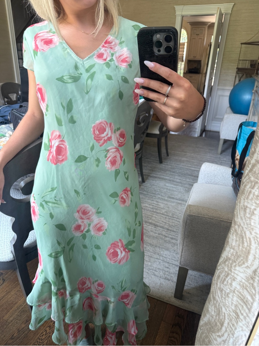 Vintage Tea Green Floral Ruffle Hem Kids Dress